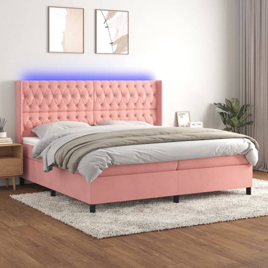 The Living Store Boxspring Roze fluwelen bed met matras en LED-verlichting 203x203x118 128cm