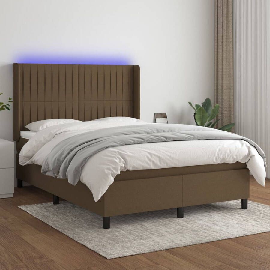 The Living Store Boxspring s Bed Matras 203x147x118 128 cm Donkerbruin Pocketveren en Schuim LED-Verlichting