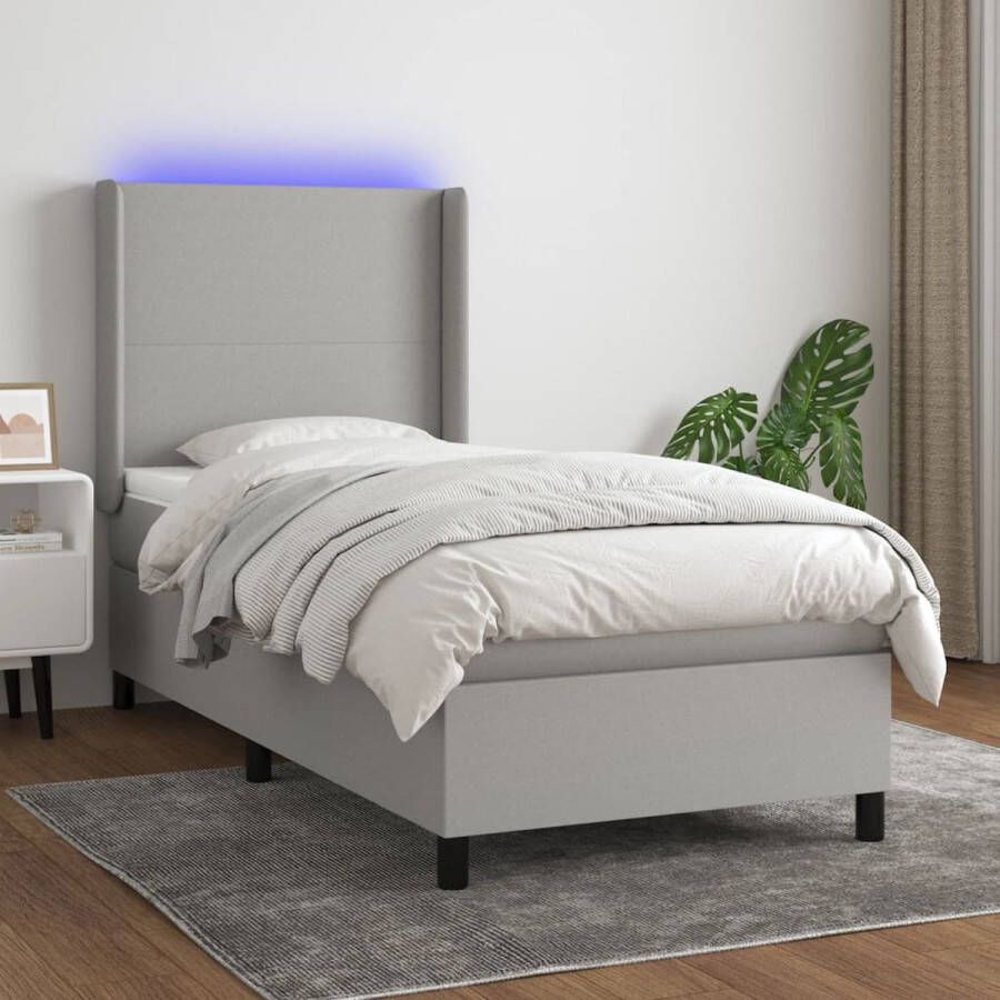 The Living Store Boxspring s Bedframe met LED 203x93x118 128cm Lichtgrijs pocketvering matras wit lichtgrijs 90x200x20cm