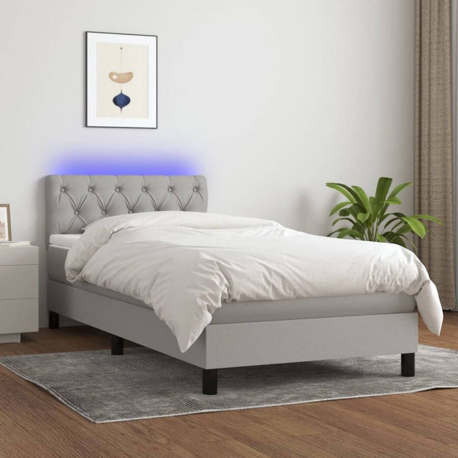 The Living Store Boxspring Slaapkamermeubel 203 x 80 x 78 88 cm LED Verlichting Pocketvering Matras Wit Lichtgrijs Boxspring Led Lamp Tweepersoonsbed Grijs Bed Pocketed Spring Mattress