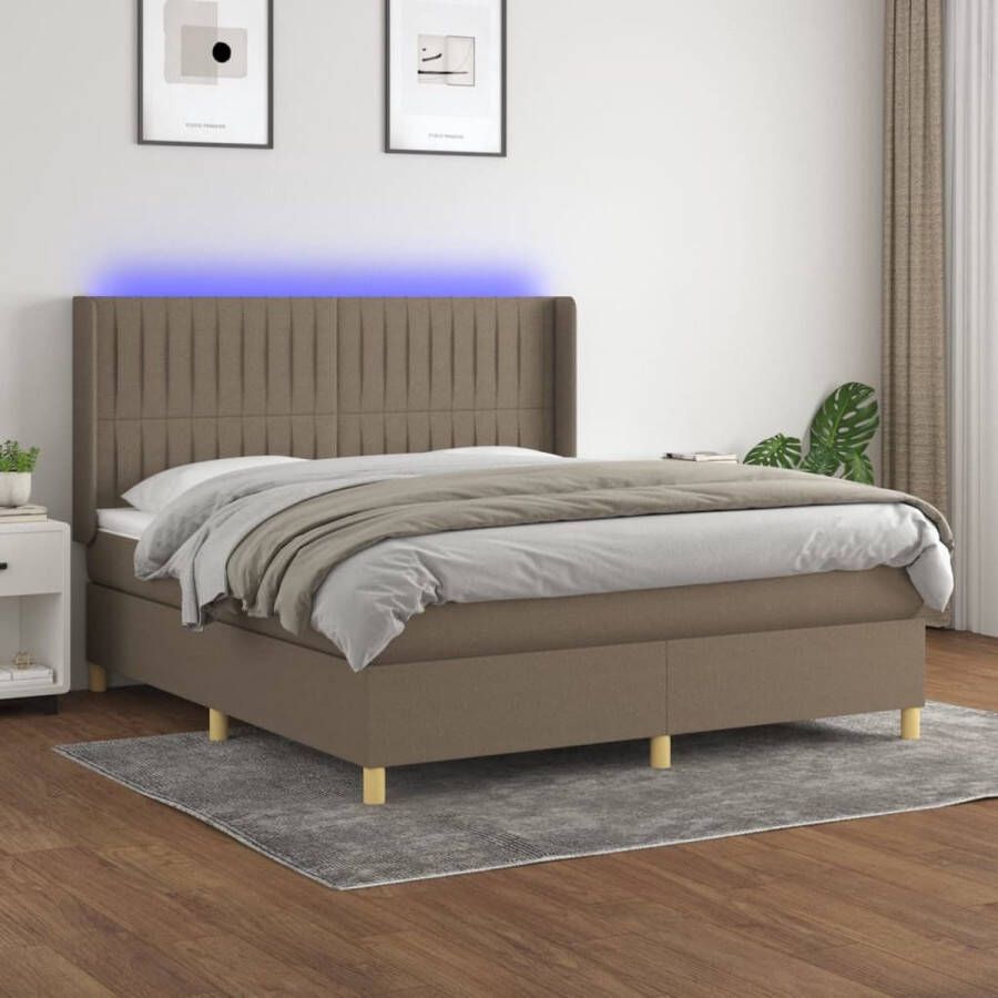 The Living Store Boxspring met matras en LED stof taupe 180x200 cm Boxspring Led Lamp Tweepersoonsbed Slaapcomfort Pocketed Veren