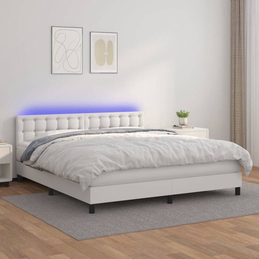 The Living Store Boxspring met matras en LED kunstleer wit 180x200 cm Boxspring Boxsprings Bed Slaapmeubel Boxspringbed Boxspring Bed Tweepersoonsbed Bed Met Matras Bedframe Ledikant Bed Met LED