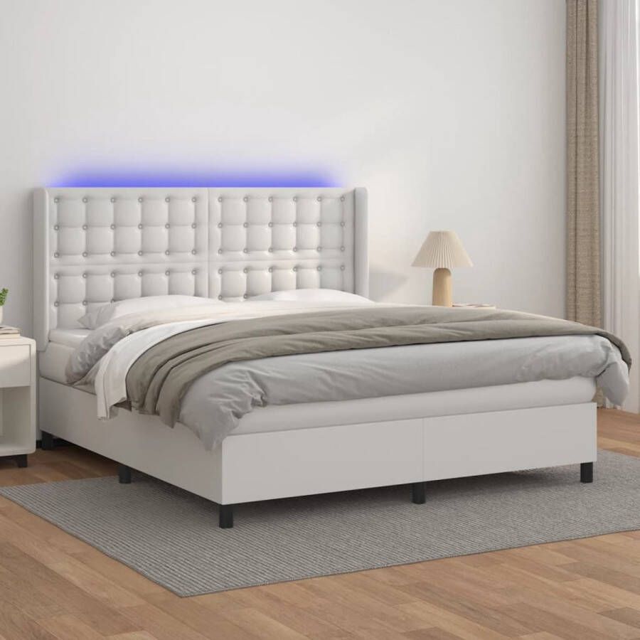 The Living Store Boxspring Wit Kunstleer Pocketvering 160x200 cm LED