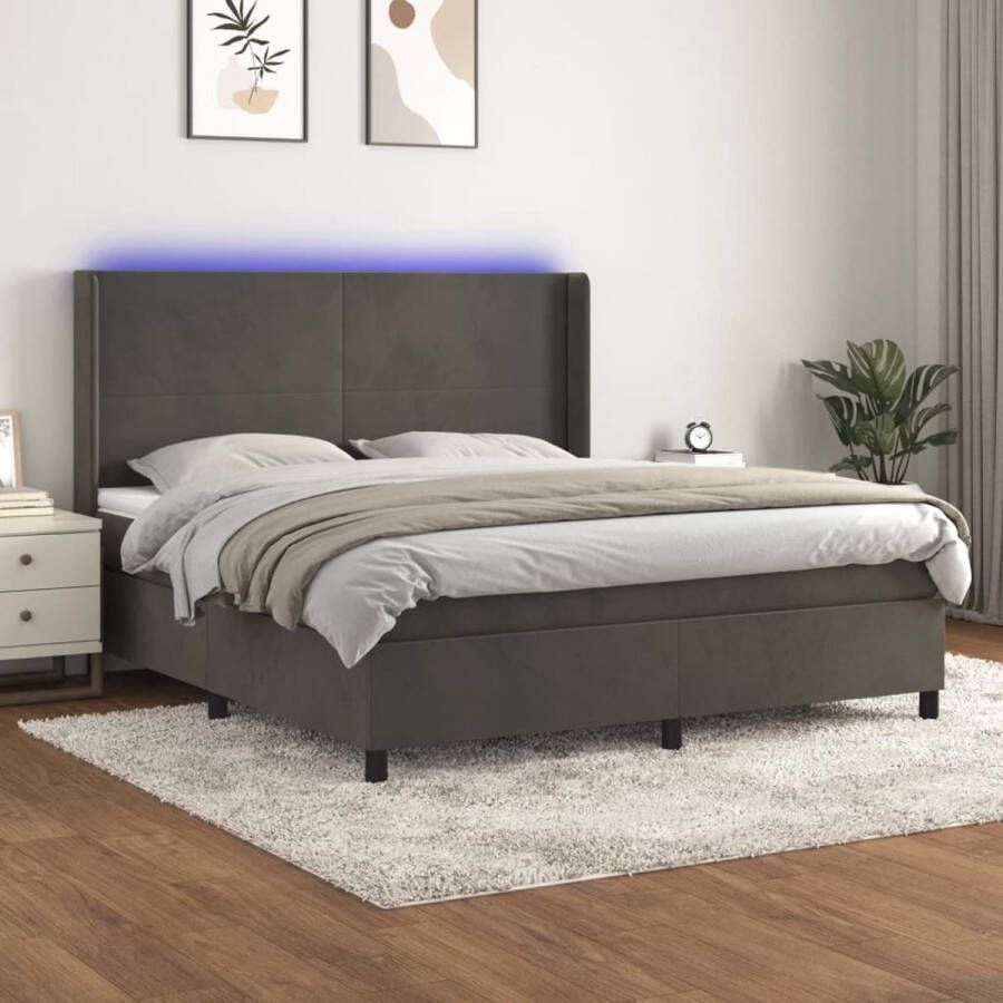 The Living Store Boxspring Zacht fluweel Praktisch hoofdbord Kleurrijke LED-verlichting Pocketvering matras Huidvriendelijk topmatras Donkergrijs 203 x 183 x 118 128 cm 180 x 200 x 20 cm 180 x 200 x 5 cm LED-strip 2 LED-strips