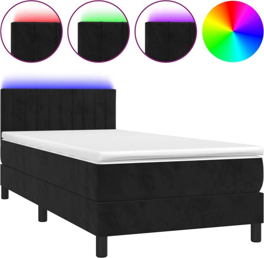 The Living Store Boxspring met matras en LED fluweel zwart 100x200 cm Luxe Boxspring Bed Velvet Bed Zwarte Boxspring Tweepersoons Bed