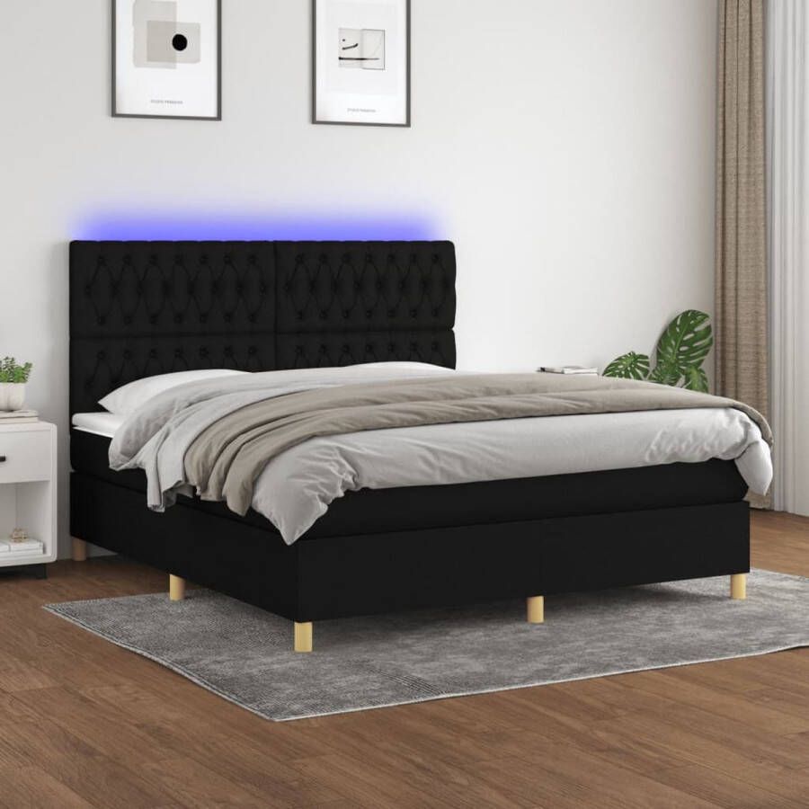 The Living Store Boxspring Zwart 203 x 160 x 118 128 cm LED Pocketvering matras Huidvriendelijke topmatras