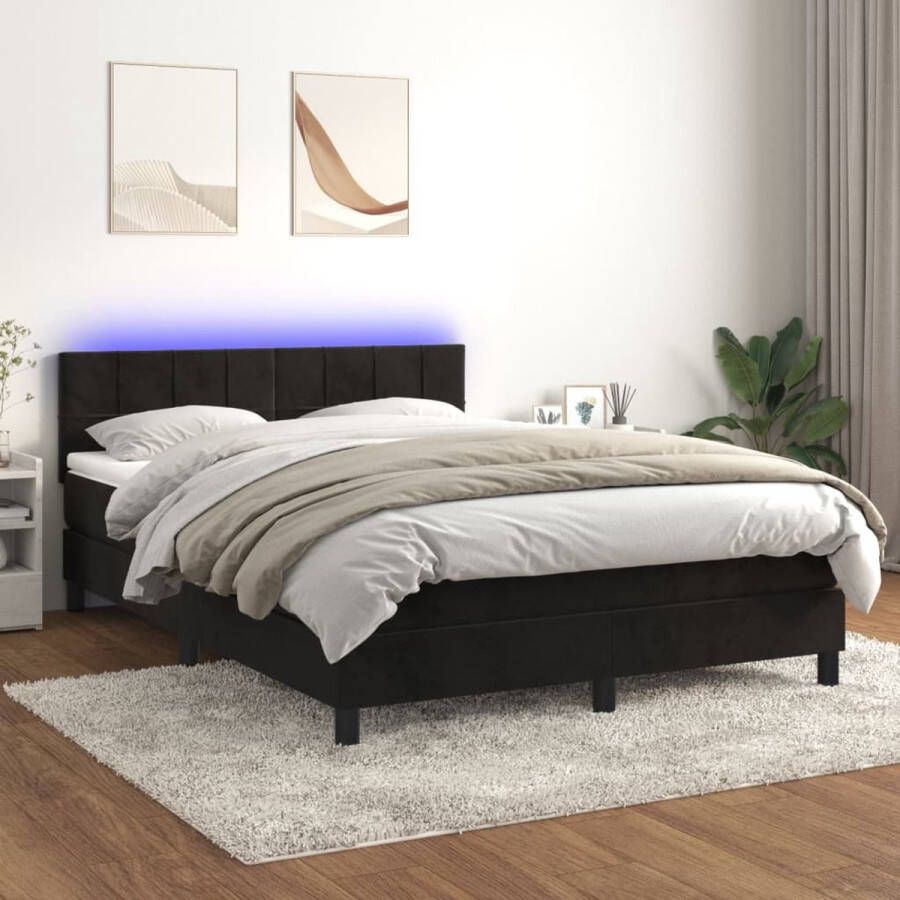 The Living Store Boxspring Zwart Fluweel 140 x 190 cm LED-verlichting