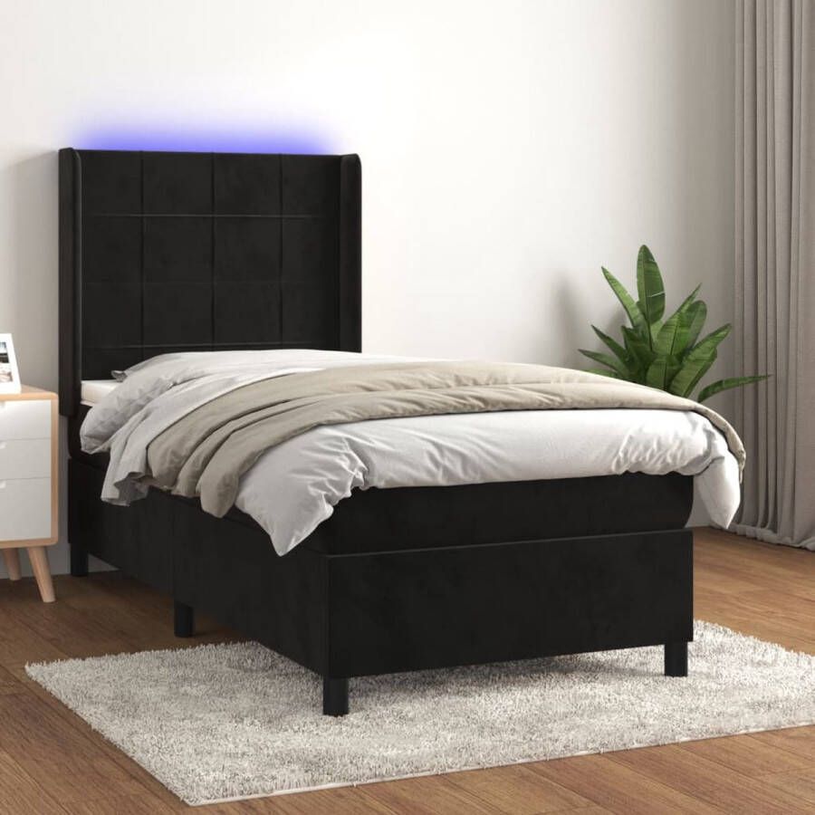 The Living Store Boxspring Zwart Fluweel 193x93x118 128 cm Met LED en Pocketvering Matras Huidvriendelijk