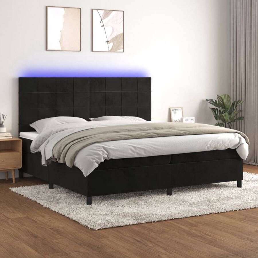 The Living Store Boxspring Zwart Fluweel 203x200x118 128 cm Inclusief Matras en LED