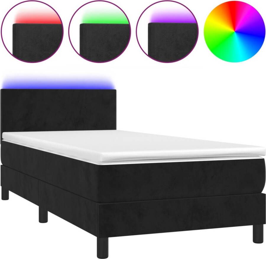 The Living Store Boxspring Zacht fluwelen bed met verstelbaar hoofdbord LED-verlichting Pocketvering matras Huidvriendelijk topmatras Zwart 203x80x78 88cm