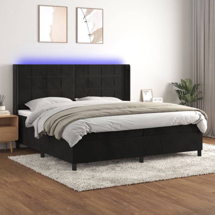 The Living Store Boxspring Zwart fluwelen bed 203 x 203 x 118 128 cm LED-verlichting Pocketvering matras Huidvriendelijk topmatras Montagehandleiding inclusief USB-aansluiting