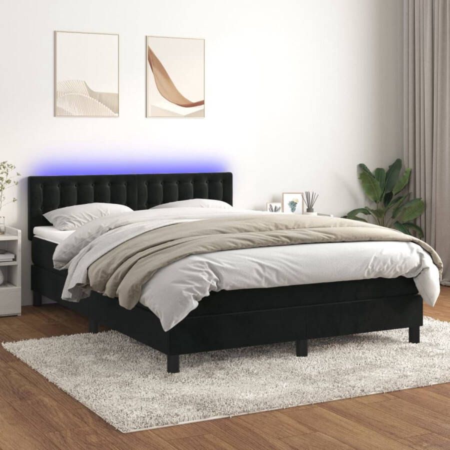 The Living Store Boxspring Zwart fluwelen bed met verstelbaar hoofdbord 140x190cm LED-verlichting