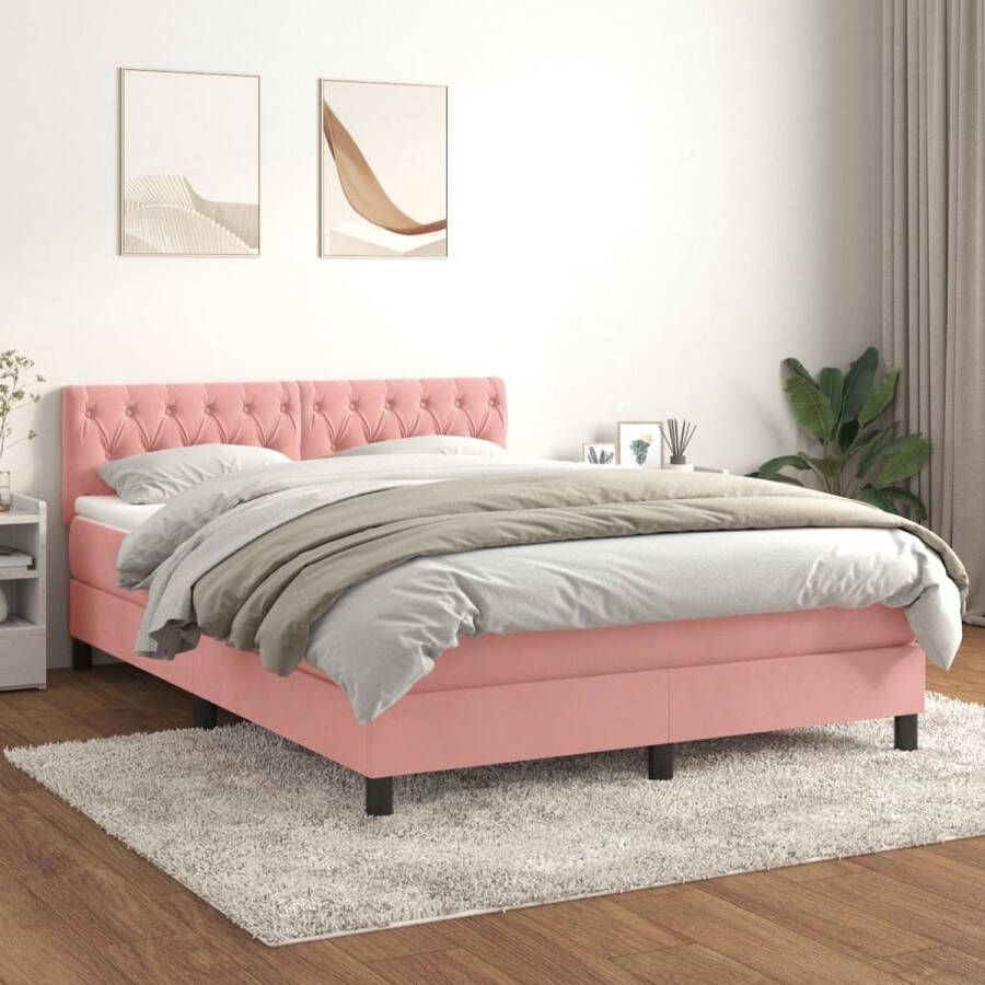 The Living Store Boxspringbed Fluweel Pocketvering Middelharde ondersteuning Huidvriendelijk Roze 193x147x118 128cm Inclusief hoofdbord matras en topmatras - Foto 2