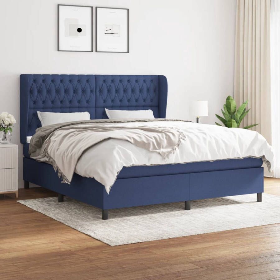 The Living Store Boxspringbed Bed 203 x 183 x 118 128 cm Blauw stof polyester Verstelbaar hoofdbord Pocketvering matras Middelharde ondersteuning Huidvriendelijk topmatras Inclusief montagehandleiding