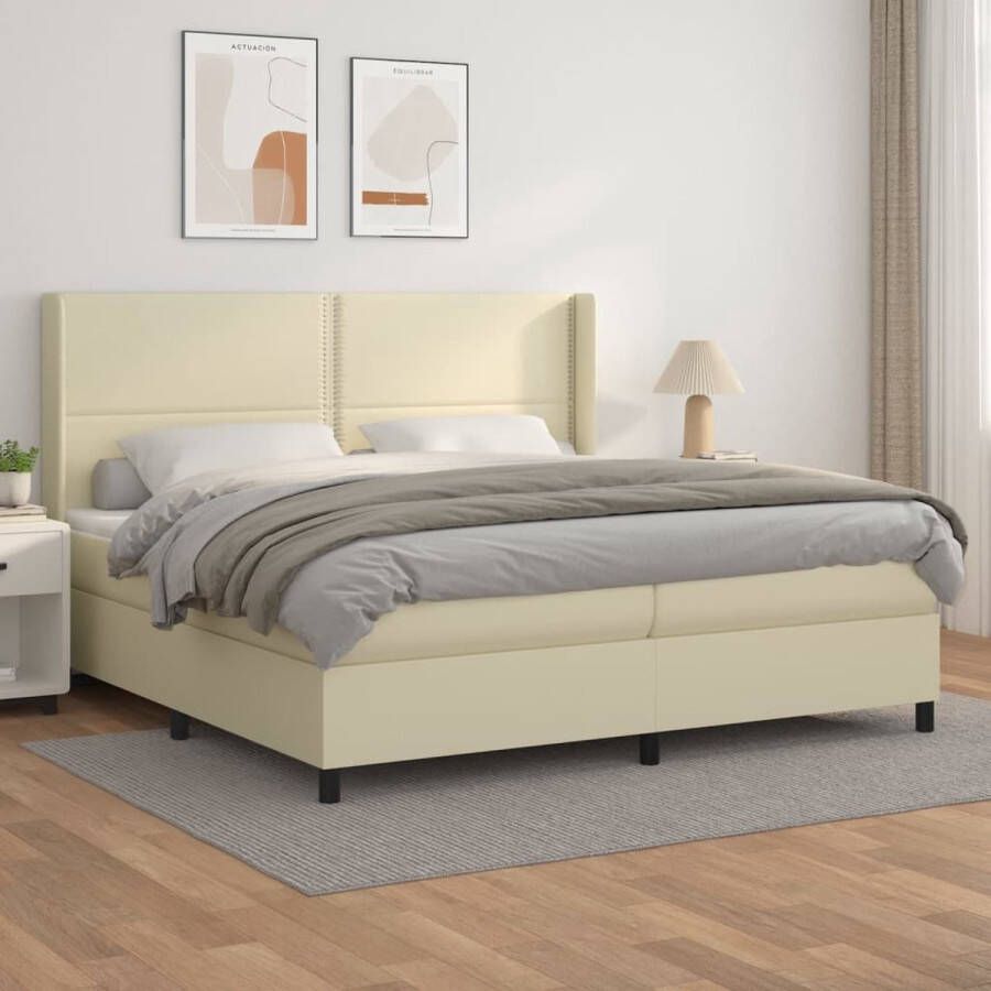 The Living Store Boxspring met matras kunstleer crèmekleurig 200x200 cm Boxspring Boxsprings Bed Slaapmeubel Boxspringbed Boxspring Bed Tweepersoonsbed Bed Met Matras Bedframe Ledikant Bed Met Hoofdbord