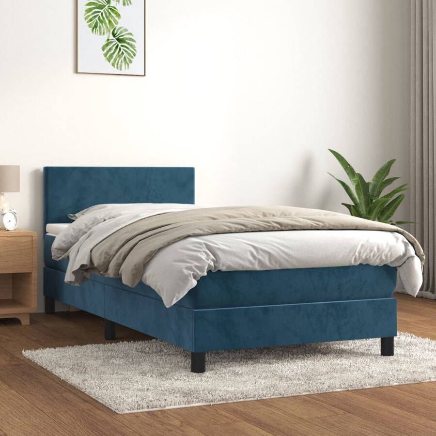 The Living Store Boxspringbed Bed 203x100x78 88 cm Donkerblauw Fluweel Hoofdbord Pocketvering matras Middelharde ondersteuning Huidvriendelijk topmatras