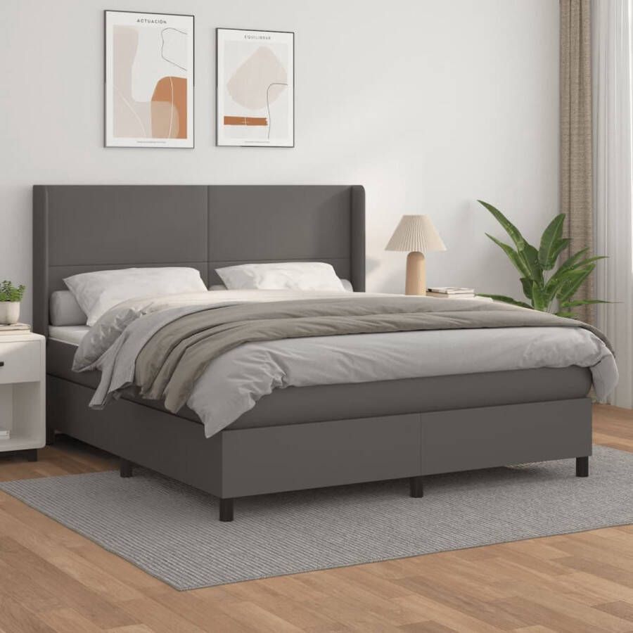 The Living Store Boxspringbed Bed 203x183x118 128 cm Grijs Kunstleer Boxspringbed Boxspring Tweepersoonsbed Bed Frame Grijze Bed