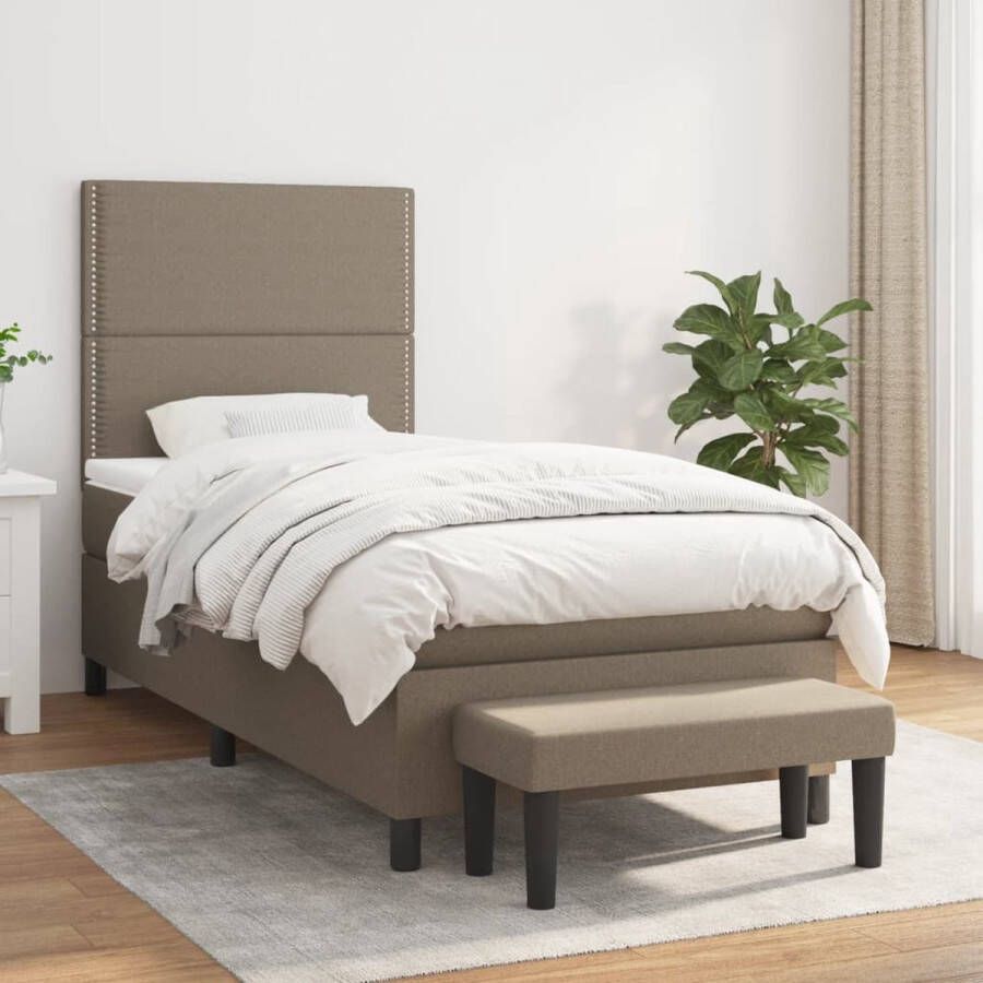 The Living Store Boxspringbed Bed 203x90x118 128 cm Taupe Stof Pocketvering matras Middelharde ondersteuning Huidvriendelijk topmatras Multifunctioneel bankje Inclusief montagehandleiding