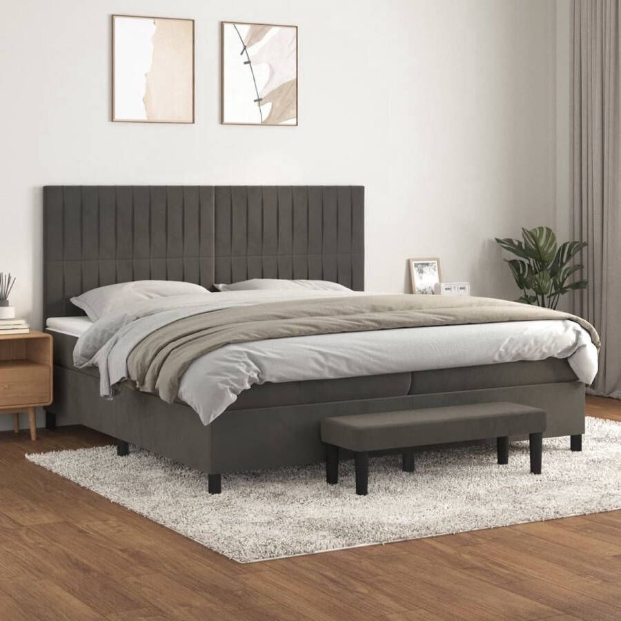 The Living Store Boxspringbed Bed en Matras Set Fluweel 203x200x118 128 cm Donkergrijs Boxspringbed Tweepersoonsbed Velvet Bed Donkere Kleuren Groot Bed