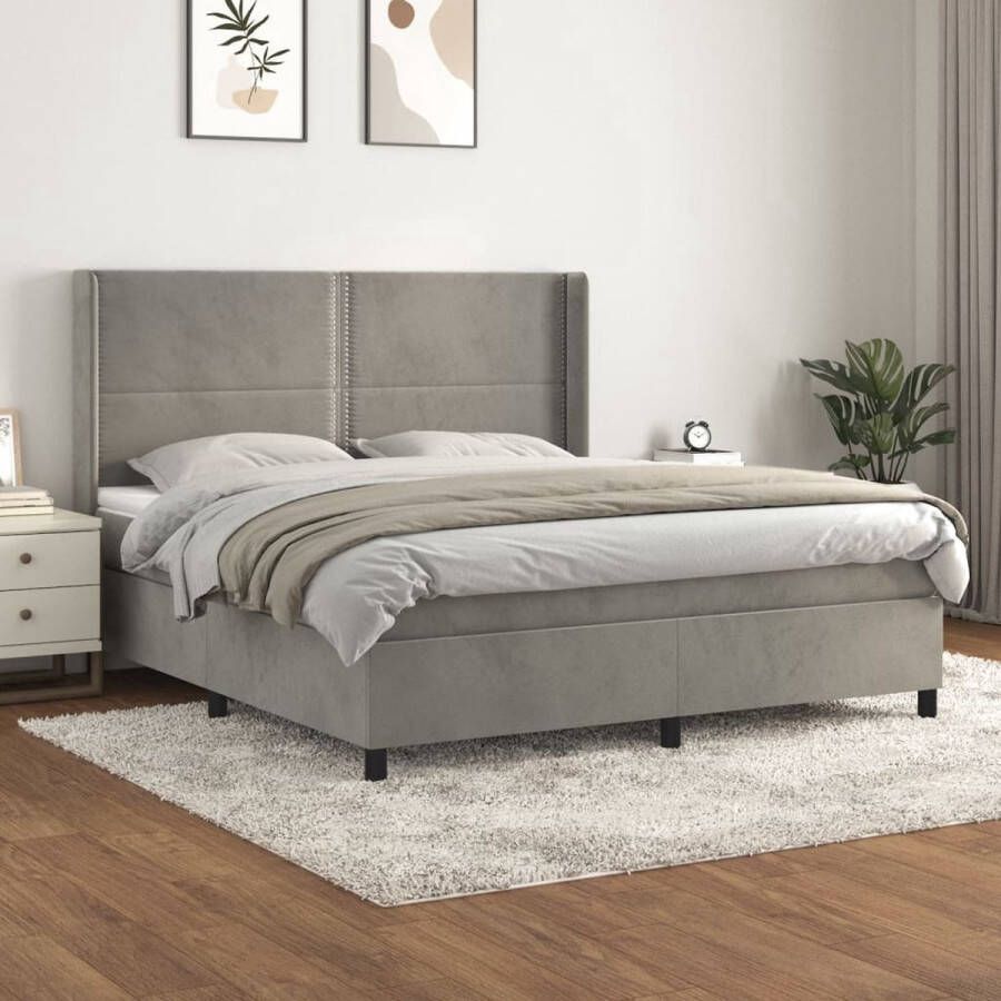 The Living Store Boxspringbed Bedframe 203 x 163 x 118 128 cm Fluweel larikshout Pocketvering matras 160 x 200 x 20 cm Middelharde ondersteuning Bedtopmatras 160 x 200 x 5 cm Huidvriendelijk Wit lichtgrijs 4-delig set