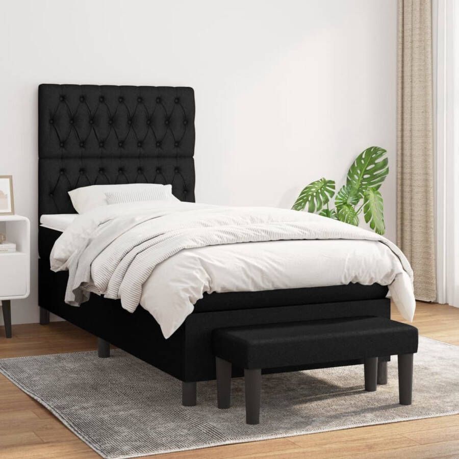 The Living Store Boxspringbed Bedframe 203 x 90 x 118 128 cm Pocketvering matras 90 x 200 x 20 cm Huidvriendelijk topmatras 90 x 200 x 5 cm Multifunctioneel bankje Zwart