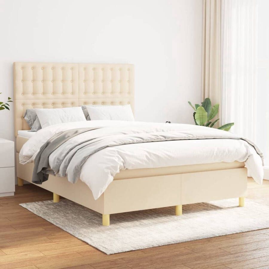 The Living Store Boxspringbed Bedframe hoofdeind matras topmatras 193x144x118 128 cm Crème Duurzaam en comfortabel Boxspringbed Boxspring Bed Frame Hoofdbord Matras