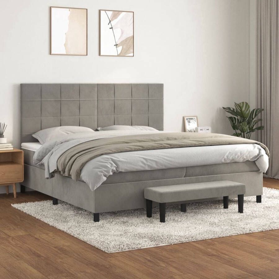 The Living Store Boxspringbed Bedframe met verstelbaar hoofdeind Pocketvering matras Middelharde ondersteuning Huidvriendelijk topmatras Multifunctioneel bankje Lichtgrijs 203x200x118 128 cm