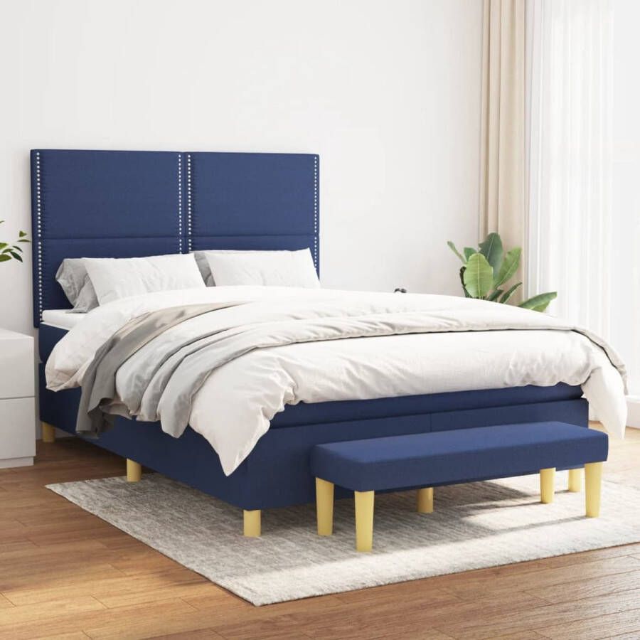 The Living Store Boxspringbed Blauw 193 x 144 x 118 128 cm Pocketvering Matras Middelharde Ondersteuning Huidvriendelijk Topmatras Multifunctioneel Bankje