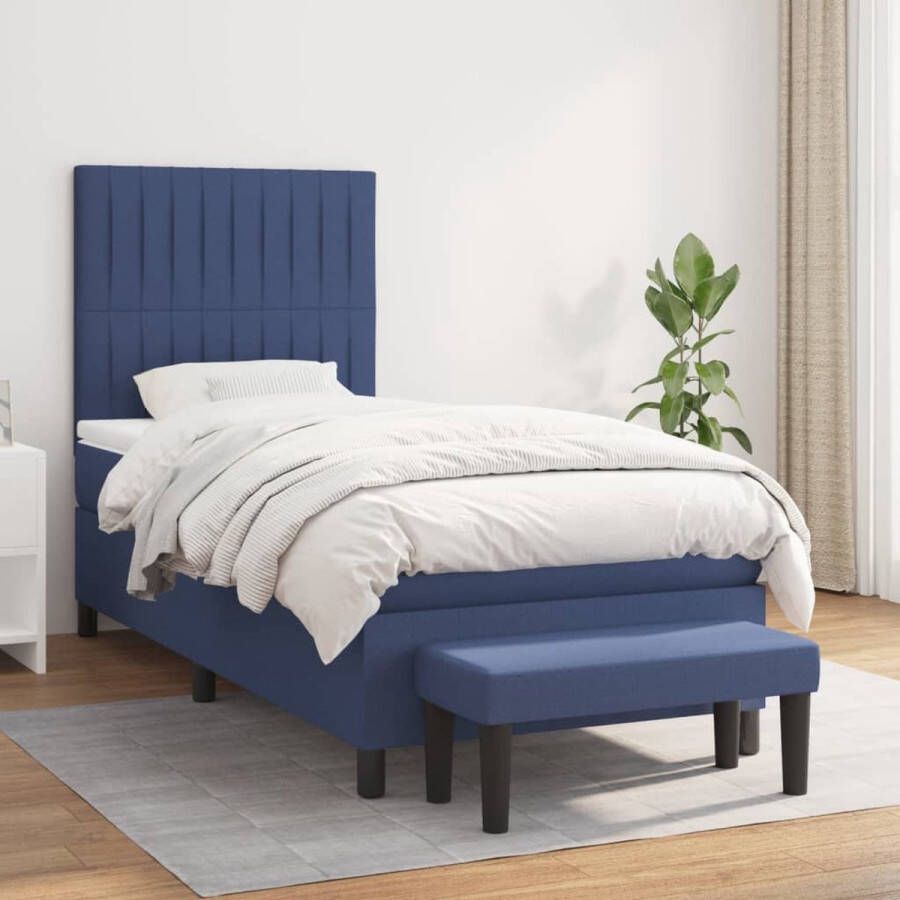 The Living Store Boxspringbed Blauw 203 x 100 x 118 128 cm Pocketvering matras Middelharde ondersteuning Huidvriendelijk topmatras Inclusief multifunctioneel bankje