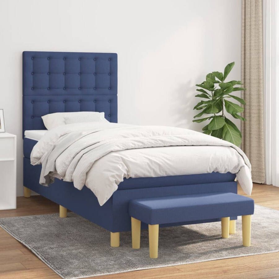 The Living Store Boxspringbed Blauw 203 x 100 x 118 128 cm Pocketvering Middelharde ondersteuning Huidvriendelijk topmatras Multifunctioneel bankje Boxspringbed Slaapcomfort Pocketveermatras Blauw Bed Hoofdboard