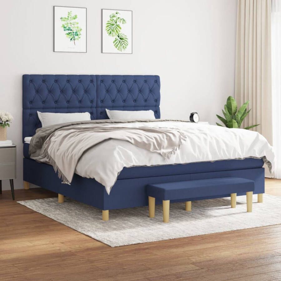 The Living Store Boxspringbed Blauw 203 x 160 x 118 128 cm Duurzaam materiaal Verstelbaar hoofdbord Pocketvering matras Middelharde ondersteuning Huidvriendelijk topmatras Multifunctioneel bankje