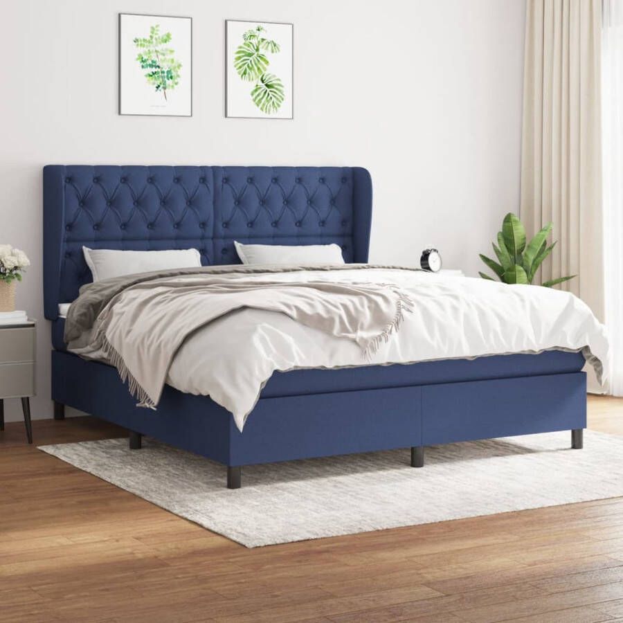 The Living Store Boxspringbed Comfort Bed 203 x 163 x 118 128 cm Blauw Stof Pocketvering matras Middelharde ondersteuning Huidvriendelijk topmatras Levering bevat- 1 x bedframe 1 x hoofdbord met randen 1 x matras 1 x topmatras - Foto 2