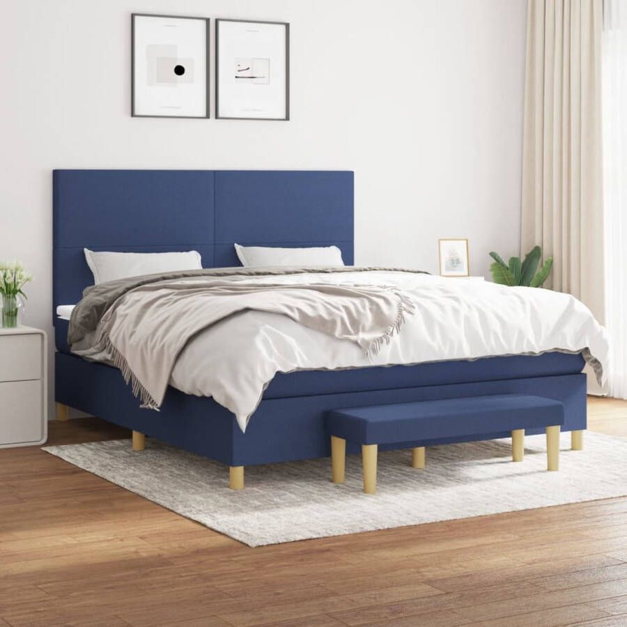 The Living Store Boxspringbed Blauw 203 x 180 x 118 128 cm Duurzaam materiaal Verstelbaar hoofdbord Pocketvering matras Middelharde ondersteuning Huidvriendelijk topmatras Multifunctioneel bankje