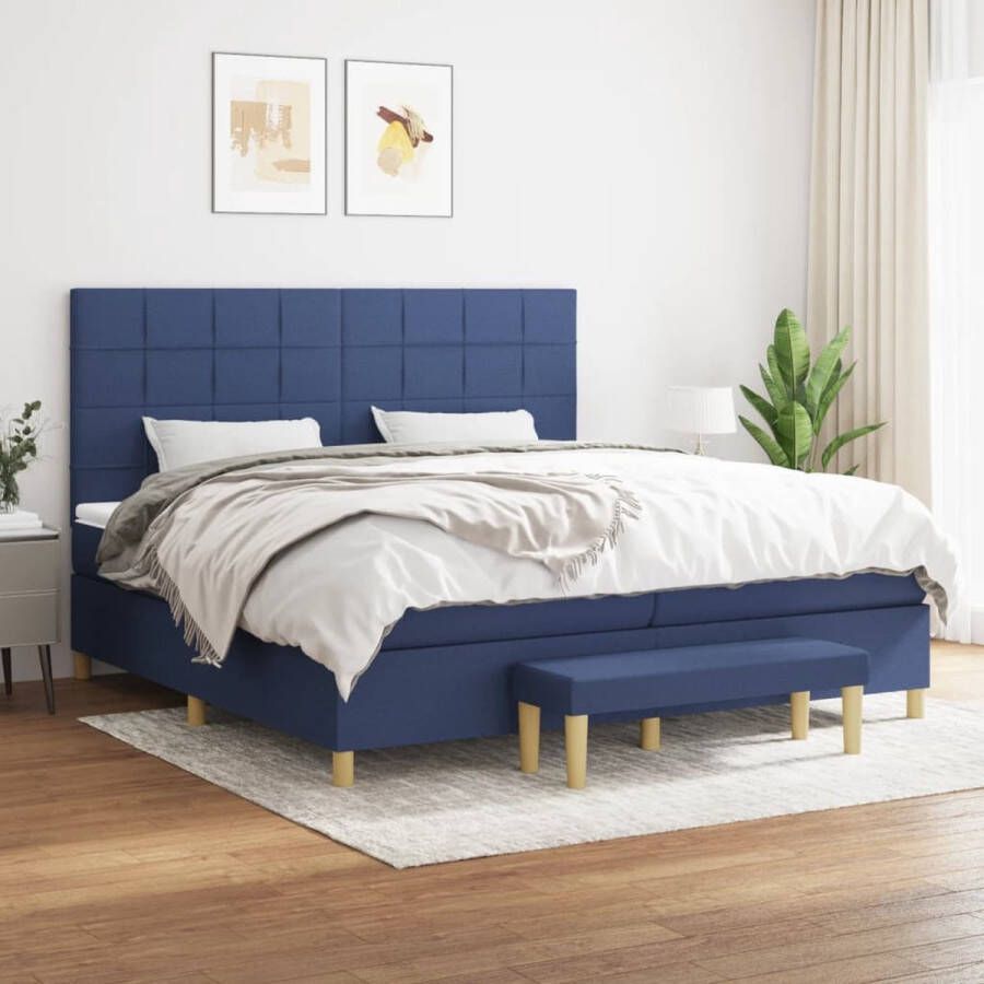 The Living Store Boxspringbed Blauw 203 x 200 x 118 128 cm Hoofdbord verstelbaar Pocketvering matras Middelharde ondersteuning Huidvriendelijk topmatras Multifunctioneel bankje