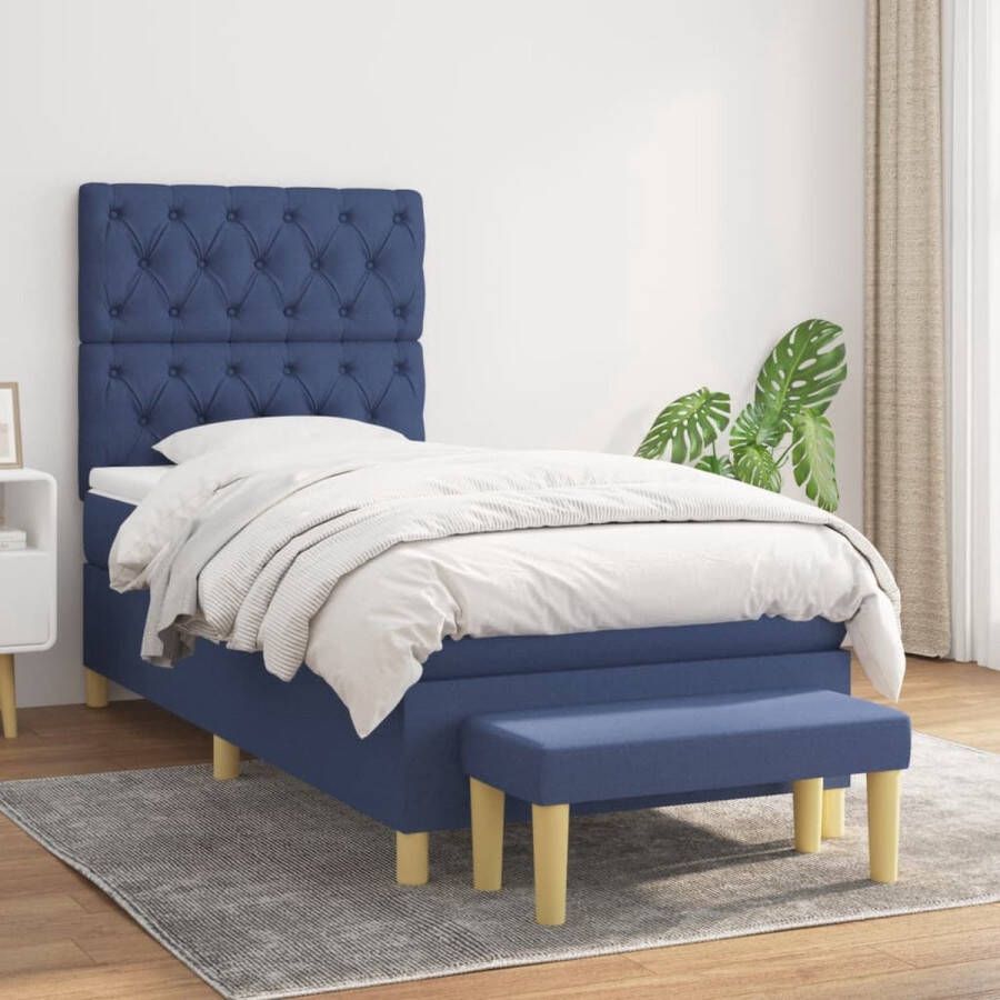 The Living Store Boxspringbed Blauw 203 x 83 x 118 128 cm Pocketvering matras Middelharde ondersteuning Huidvriendelijk topmatras Multifunctioneel bankje Boxspringbed Boxspring Tweepersoonsbed Slaapcomfort Matras