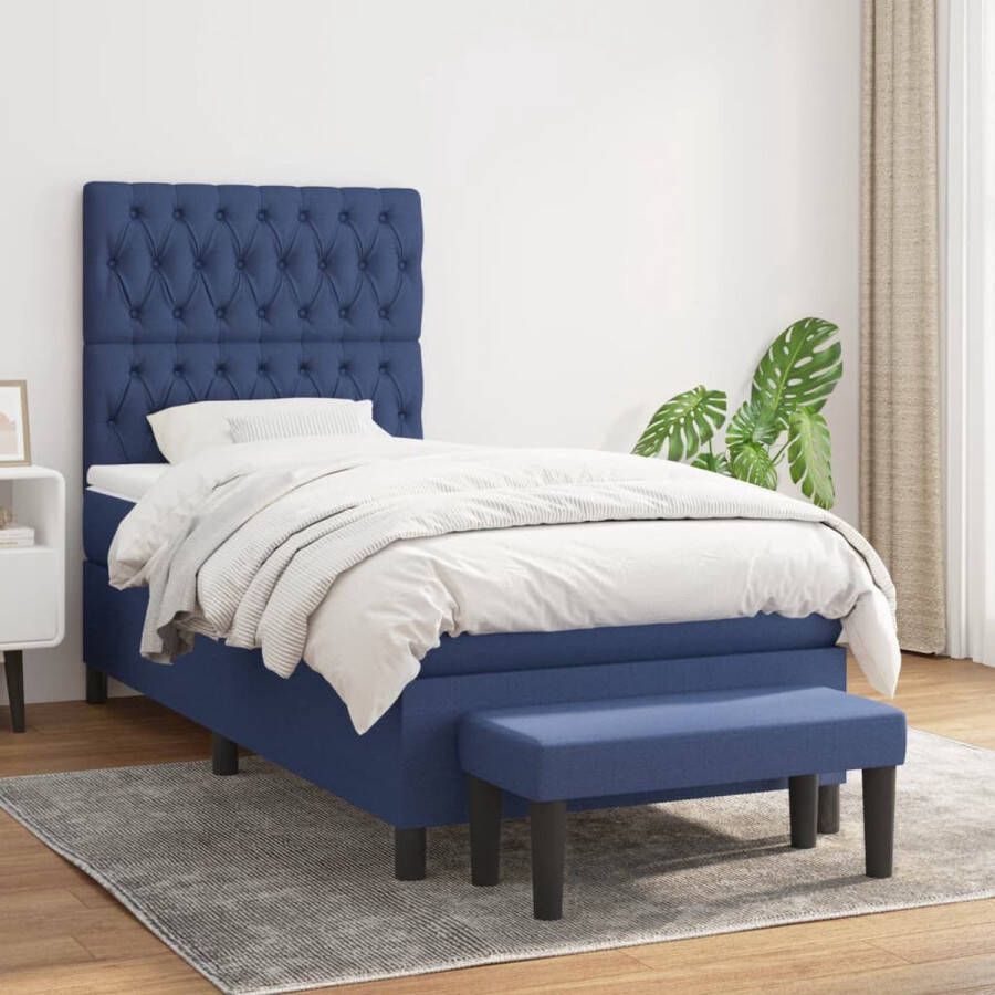 The Living Store Boxspringbed Blauw 203x100x118 128 cm Pocketvering Matras Middelharde Ondersteuning Huidvriendelijk Topmatras Multifunctioneel Bankje