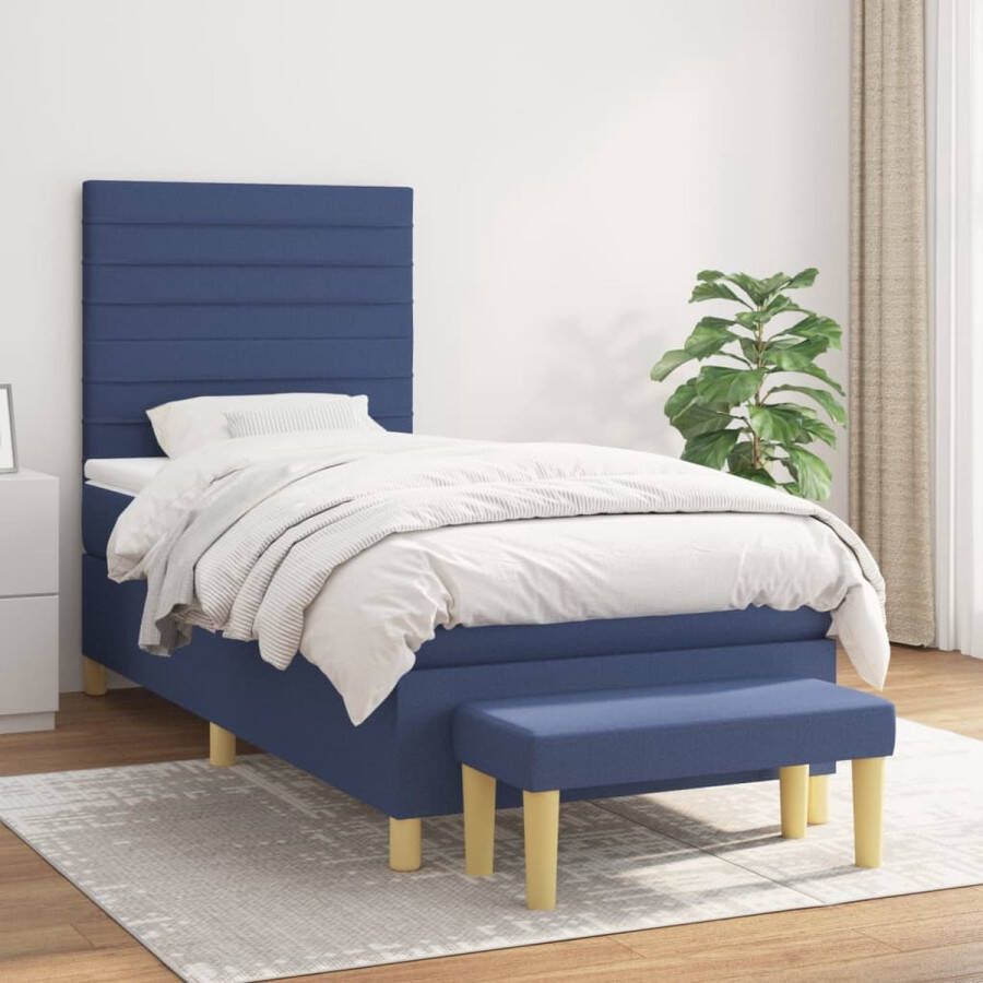 The Living Store Boxspringbed Blauw 203x100x118 128 cm Pocketvering matras Middelharde ondersteuning Huidvriendelijk topmatras Multifunctioneel bankje