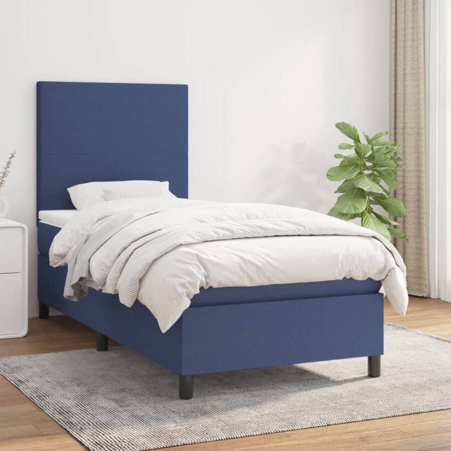 The Living Store Boxspringbed Blauw Stof 203 x 90 x 118 128 cm Pocketvering Matras Middelharde Ondersteuning Huidvriendelijk