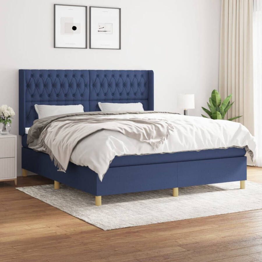 The Living Store Boxspringbed Blauw Stof 203x183x118 128 Pocketvering Matras 180x200x20 Huidvriendelijk Topmatras 180x200x5 Met Montagehandleiding