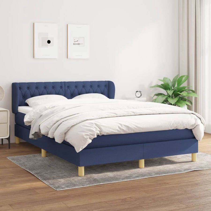 The Living Store Boxspringbed Blauw stoffen bedframe Pocketvering matras Middelharde ondersteuning Huidvriendelijk topmatras 203x147x78 88 cm Boxspringbed Boxspring Bed Frame Slaapcomfort Matras