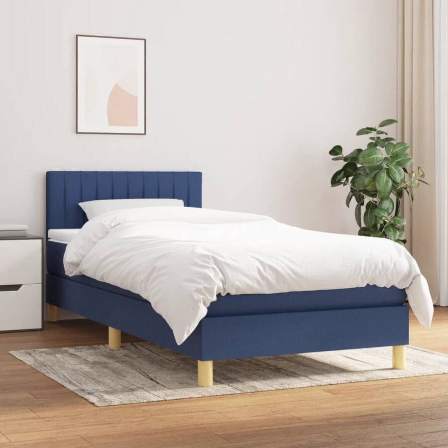The Living Store Boxspringbed Blauwe stoffen bekleding 193x90x78 88 cm Verstelbaar hoofdbord Pocketvering matras Middelharde ondersteuning Huidvriendelijk topmatras Inclusief montagehandleiding