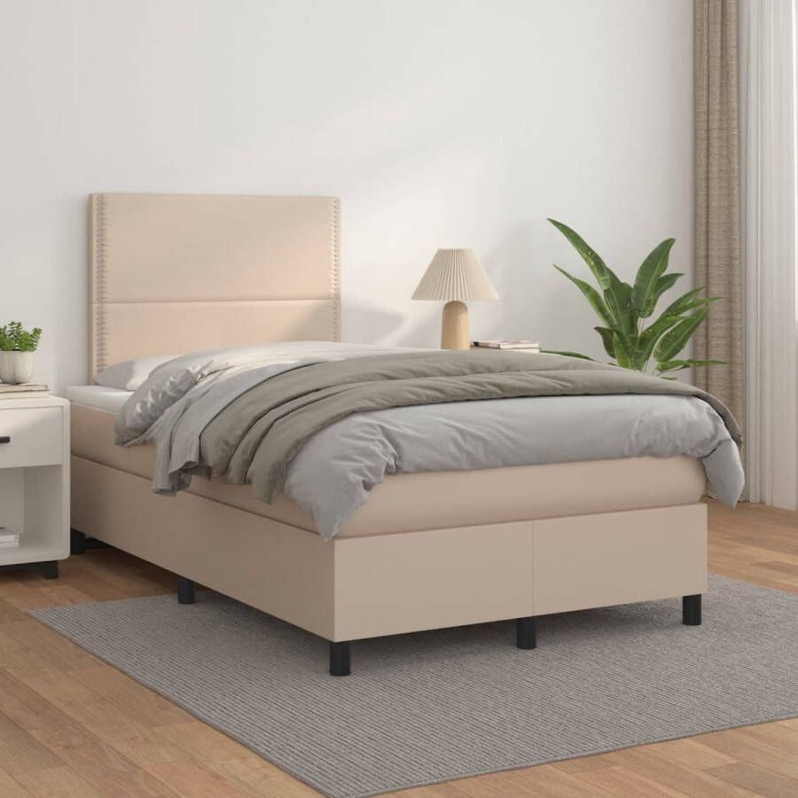 The Living Store Boxspringbed Cappuccino 203 x 120 x 118 128 cm Duurzaam kunstleer Verstelbaar hoofdbord Pocketvering matras Middelharde ondersteuning Huidvriendelijk topmatras Gratis montagehandleiding