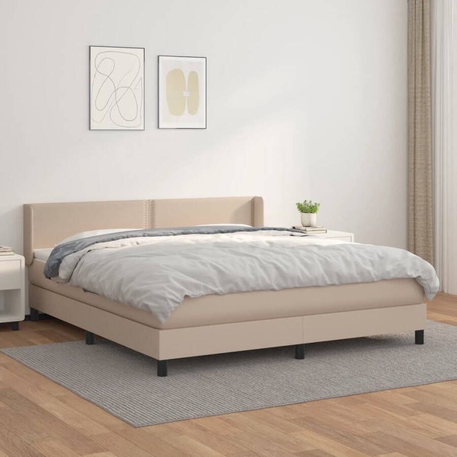 The Living Store Boxspringbed Cappuccino Kunstleer 203 x 163 x 118 128 cm Pocketvering matras Middelharde ondersteuning Huidvriendelijk topmatras Eenvoudige montage Boxspringbed Slaapcomfort Kapstok Bruine Bank Lederlook - Foto 2