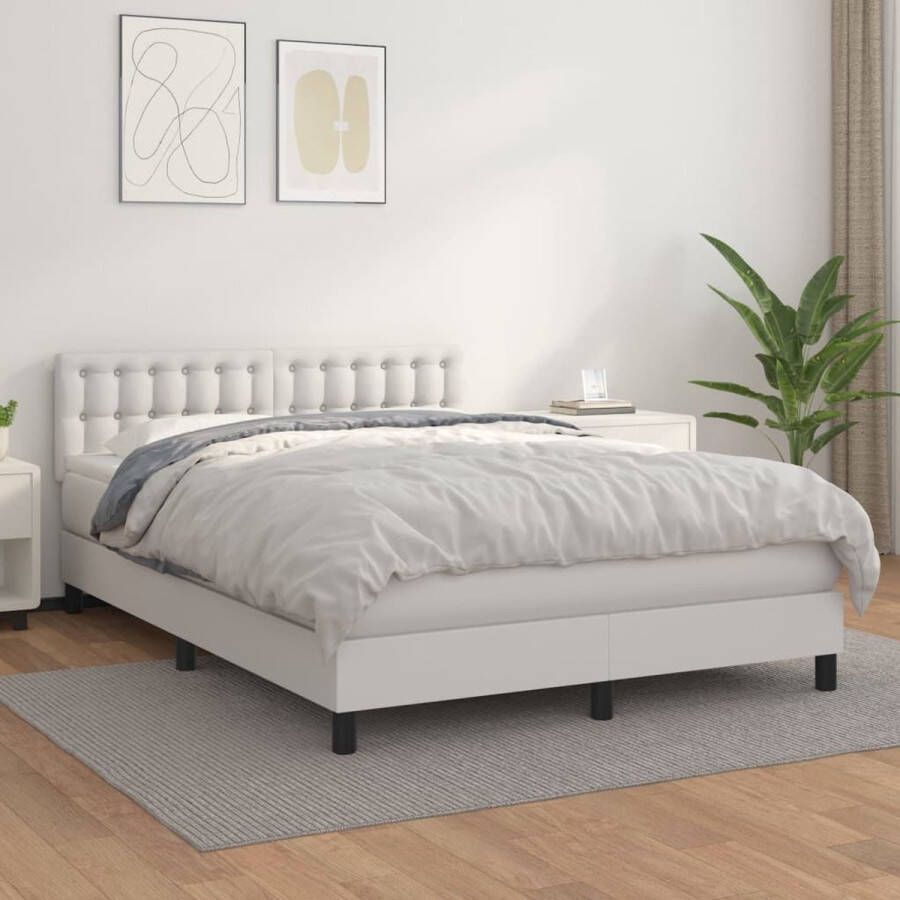 The Living Store Boxspringbed Comfort Bed 203 x 144 x 78 88 cm Duurzaam kunstleer Verstelbaar hoofdbord Pocketvering matras Middelharde ondersteuning Huidvriendelijk topmatras Wit