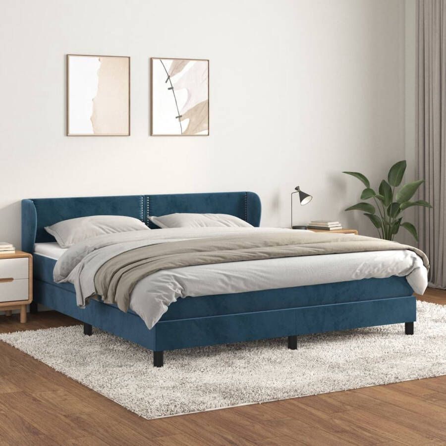 The Living Store Boxspringbed Comfort Bed 203 x 183 x 78 88 cm Donkerblauw Boxspringbed Donkerblauw Velvet Tweepersoonsbed King Size Bed - Foto 2