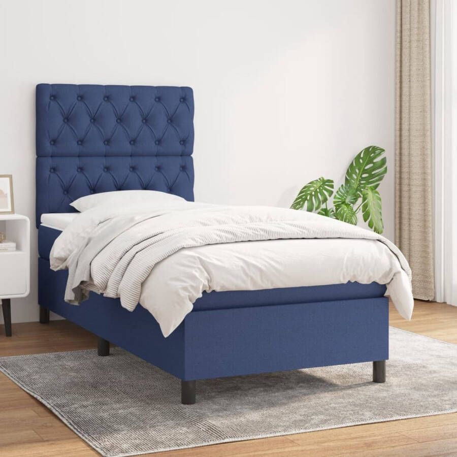 The Living Store Boxspringbed Comfort Bedframe- blauw Afmetingen- 203 x 83 x 78 88 cm Pocketvering matras- wit en blauw Afmetingen- 80 x 200 x 20 cm Bedtopmatras- wit Afmetingen- 80 x 200 x 5 cm - Foto 2