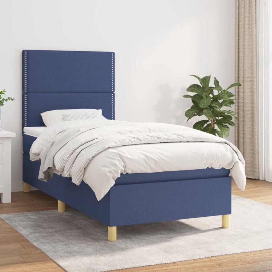 The Living Store Boxspringbed Comfort Bed 203 x 83 x 118 128 cm Blauw Stof Pocketvering matras 80 x 200 x 20 cm Wit en blauw Schuim Topmatras 80 x 200 x 5 cm Wit Levering bevat- bedframe hoofdeind matras topmatras