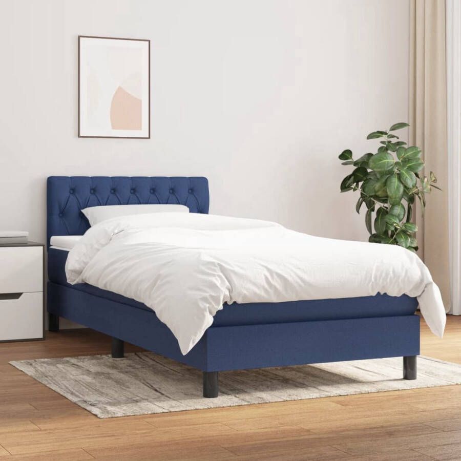 The Living Store Blauw Boxspringbed 203 x 90 x 118 128 cm Hoofdbord in hoogte verstelbaar Pocketvering matras Middelharde ondersteuning Huidvriendelijk topmatras Inclusief montagehandleiding