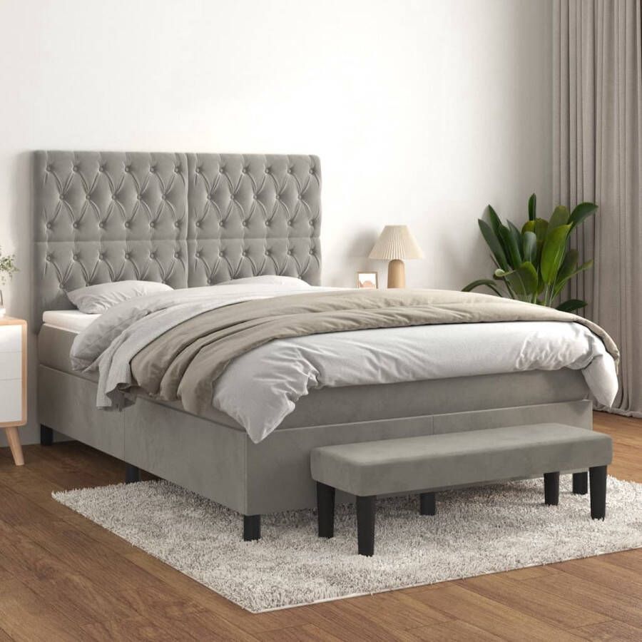 The Living Store Boxspringbed Comfort Bed 203x144x118 128 cm Lichtgrijs Boxspring Slaapcomfort Fluweel Hoofdboard Pocketvering