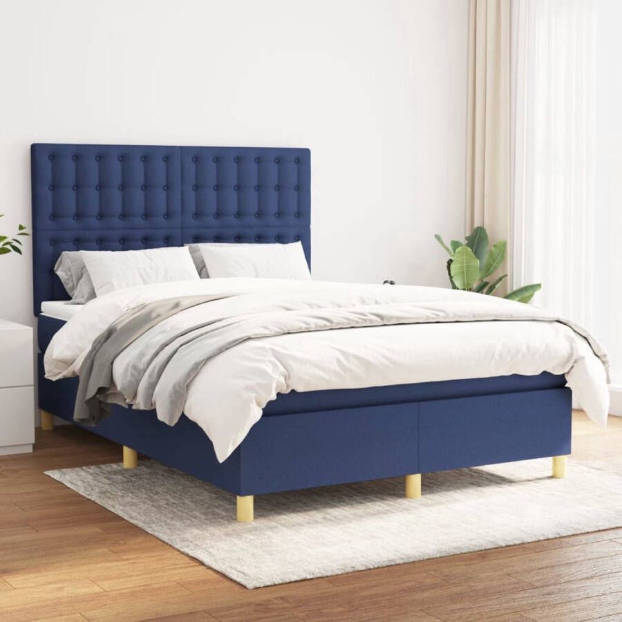 The Living Store Boxspringbed Bedframe 193 x 140 x 35 cm Pocketvering matras 140 x 190 x 20 cm Huidvriendelijk topmatras 140 x 190 x 5 cm Blauw Duurzaam Boxspringbed Boxspring Tweepersoonsbed Bed Frame Matras